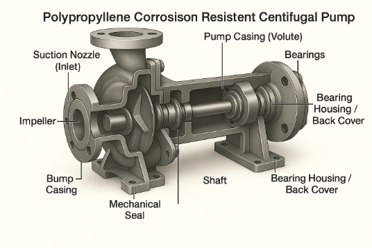 Polypropylene Corrosion Resistant Centrifugal Pump Cross Sectional Drawing & Design